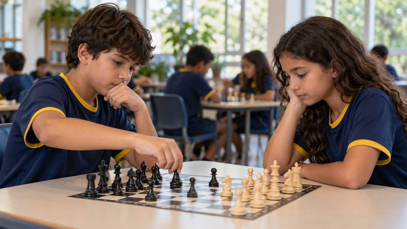 Imagem ilustrativa de dois alunos jogando xadrez na biblioteca escolar