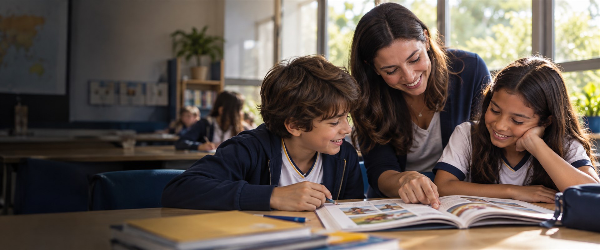 Cena ilustrativa: uma professora acompanha duas crianças durante uma atividade de idiomas em sala de aula