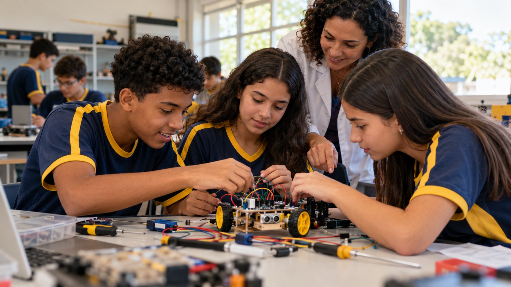 Imagem ilustrativa de estudantes do Fundamental trabalhando juntos em projeto maker