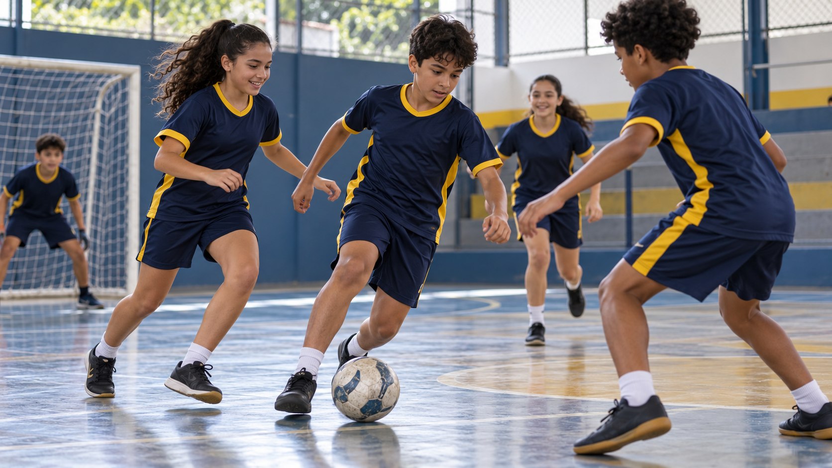 Imagem ilustrativa de estudantes jogando futsal em uma quadra coberta