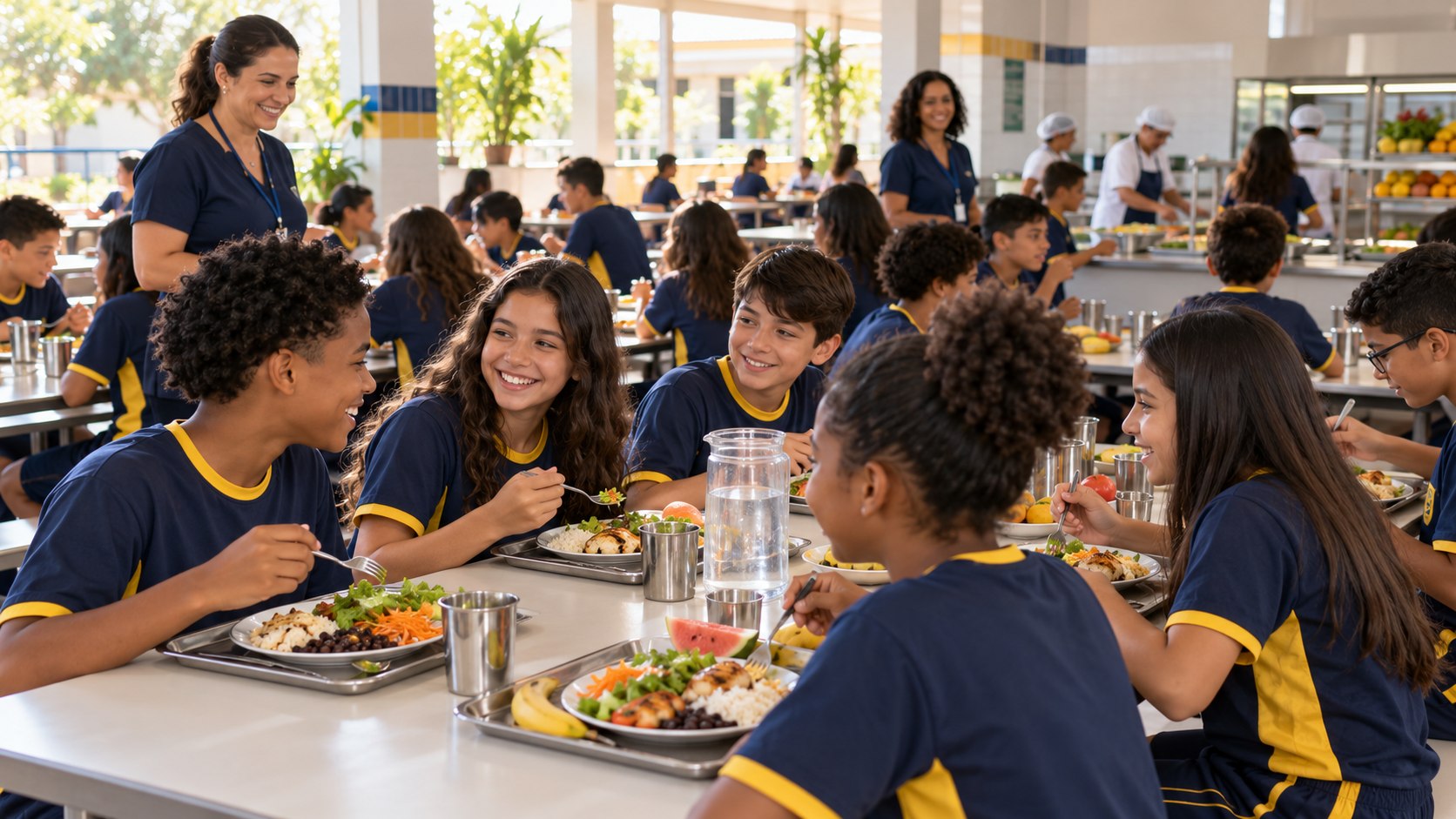 Imagem ilustrativa de estudantes almoçando em um refeitório escolar
