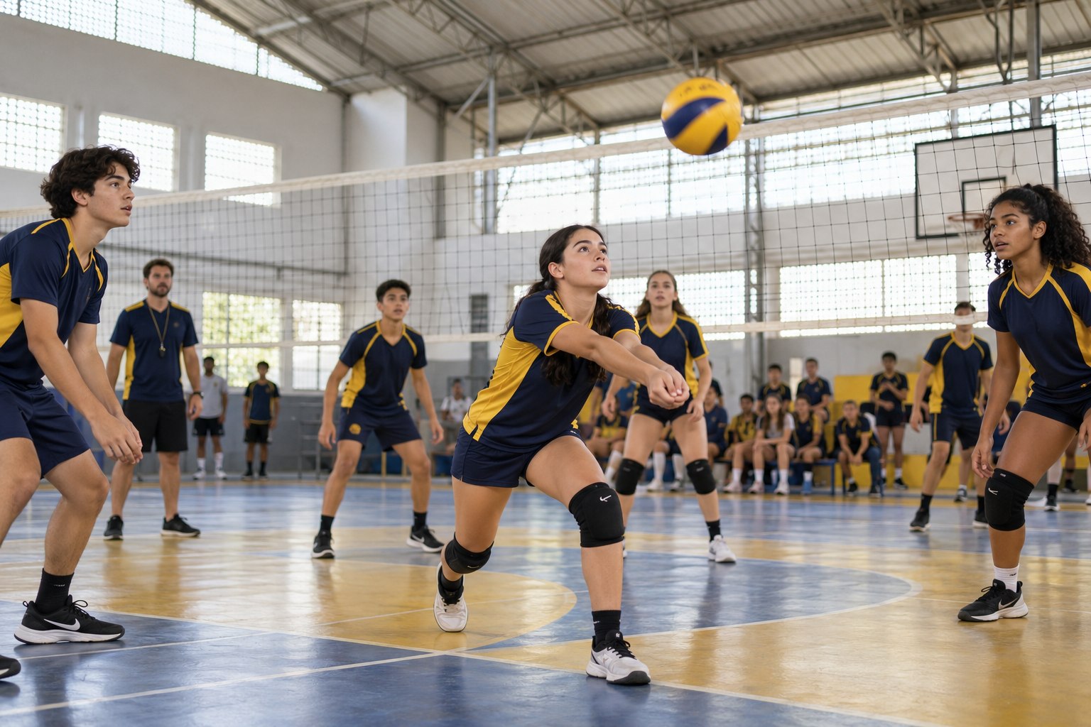 Imagem ilustrativa de estudantes jogando vôlei na quadra escolar